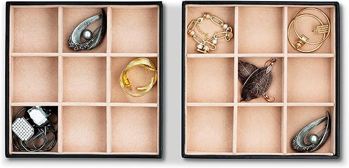 Glenor Co Jewelry Organizer Tray - Set of 2 - Stackable 18 Slots Jewelry Storage Trays - Display on Dresser or Drawer - Compatible with Other Trays - Black