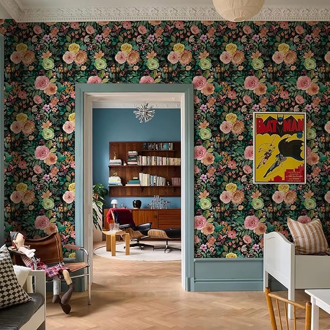 JiffDiff Blooming Floral Wallpaper Peel and Stick Pink Impressionist Floral Wall Mural Peony Roses Wallpaper Nursery Wall Decor (Black-Camellia, 17.7" X 393.7")