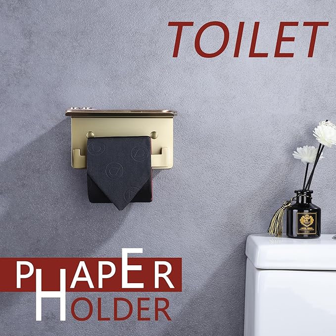 LANC Gold Toilet Paper Holder with Shelf, Adhesive or Screw Toilet Paper Roll Holder with Shelf for Bathroom Wall Mount, Stainless Steel Tissue Holder Dispenser,Brushed Gold Left, A8367BG-LF