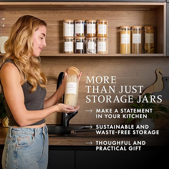Glass Pantry Storage Containers with Lids- 420 Pantry Labels– Set of 12 (8 x 20oz& 4 x 34oz) Glass Canisters with bamboo lids-Perfect Pasta Storage Containers-AIrtight-Kitchen Canisters