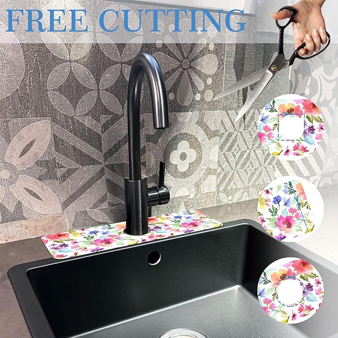Watercolor Floral Faucet Mat Splash Guard Purple Pink Meadow Flower, Soft Diatom Mud Material, Strong Water Absorption, Non-slip,Easy to Clean for Bathroom, Kitchen 15"X5.5"
