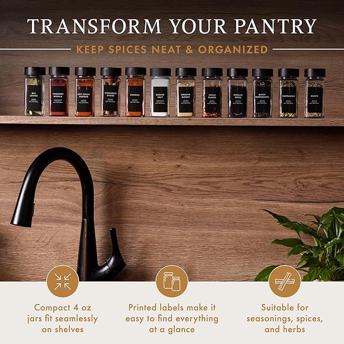 Glass Spice Jars with 360 Labels -24 pcs- 4oz- Spice Containers black Bamboo Lids -Shaker Lids- Pepper Grinder-Spice Organization for Cabinet-Drawer-Rack-Seasoning Organizer-Square bottles