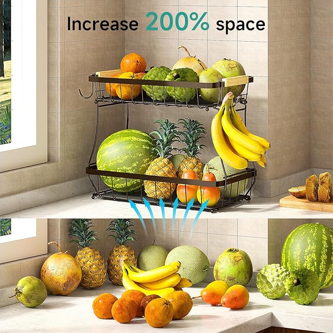2 Tier Large Fruit Basket for Kitchen Counter with 2 Mobile Banana Hangers, 2026 Pro Detachable Metal Fruit Bowl with Wooden Handle (Brown, 2 Tier Extra Large)