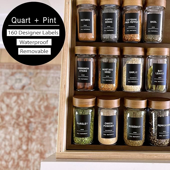 Quart + Pint 160 Spice Jar Labels: Minimalist Matte Black Sticker White Text. Waterproof Stickers. Organization for Jars Bottles Containers Bins. Storage Rack Systems for Kitchen & Pantry Labels.