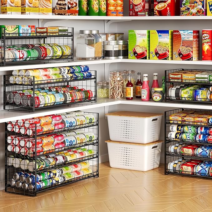 2-Tier Stackable Can Rack Organizer for Pantry Shelf, Extra-Long Can Holder for Kitchen Organization,Heavy Duty Can Dispenser for Canned Food Soup Goods up to 64 in Cabinet Storage, Black