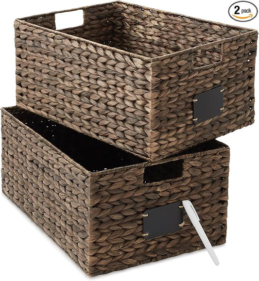 Casafield Set of 2 Water Hyacinth Pantry Baskets, 12-1/2" x 17" x 8", with Chalkboard Labels and Chalk Marker - Espresso, Woven Storage Bin Organizers for Kitchen Shelves