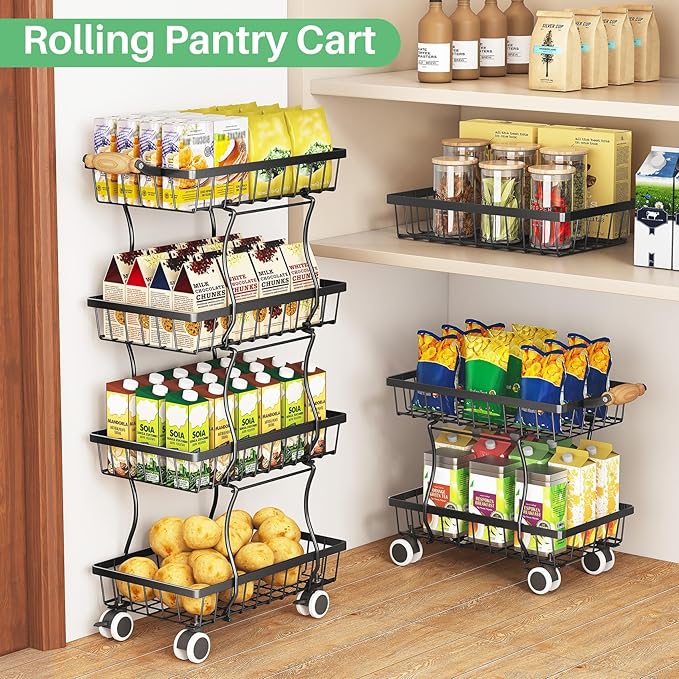 SAYZH Fruit Basket Kitchen Pantry Organizers and Storage - 4 Tier Stackable Metal Wire Basket Stand for Fruit Vegetable Snacks Jars Bins Containers Organization(Black, 4 Tiers)