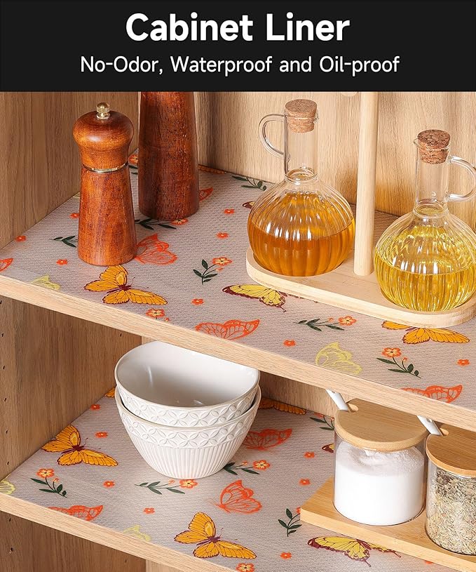 Drawer & Shelf Liners for Kitchen Cabinets Non Adhesive - Oil-Resistant Waterproof Sturdy and Resilient Kitchen Cabinet Liners for Shelves, Tool Box, Refrigerator(Colorful Butterfly, 23.6"W x 360"L)