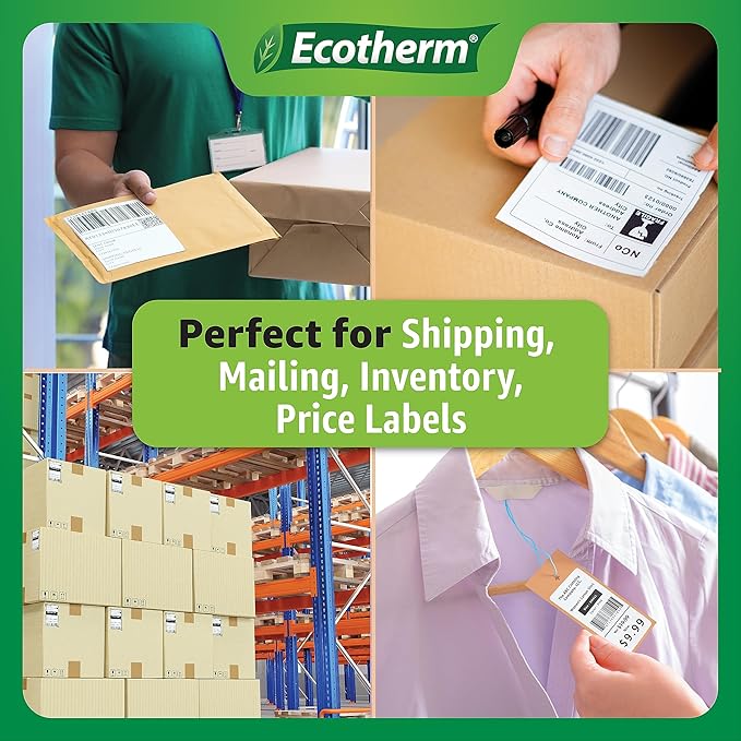 2.25" x 2.5" Thermal Labels | 4 Rolls | 2400 Labels | fits Zebra, Munbyn, Rollo, Godex, Arkscan, iDPRT, Offnova Thermal Label Printers and More | Blank White Adhesive Stickers by Ecotherm