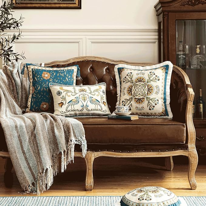 patdrea Designer Rectangle Throw Pillow Covers,Farmhouse Blue Linen with Birds Floral Pattern Pillow Cover,Decorative Lumbar Pillowcases Cushion for Bed Living Room Outdoor Car,12"x20"