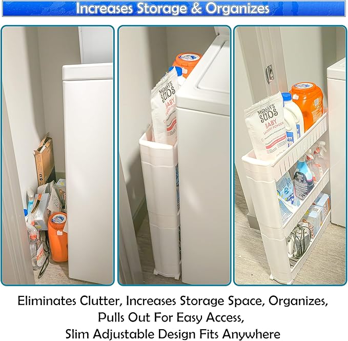 Slim Rolling Storage Cart - Narrow Slide Out Shelving Utility Cart - Mobile Storage for Laundry, Bathroom, Kitchen & Between Washer and Dryer (Black, 3 Tier)