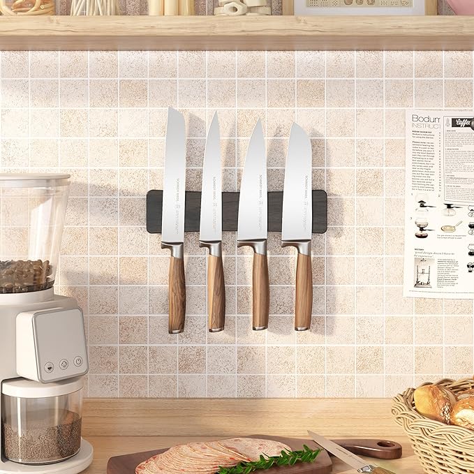 Magnetic Knife Holder for Wall, 10" Acacia Wood No Drill Knife Magnet Strip Use as Tool Key Storage Knife Bar, Powerful Wall Mounted Magnetic Knife Rack for Refrigerator & Kitchen Utensil Organizer