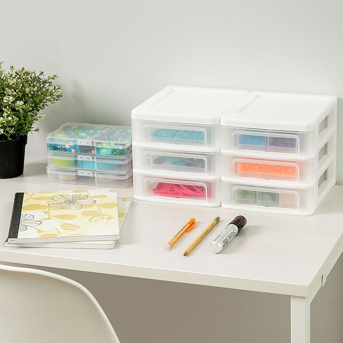 IRIS USA Plastic Stacking Desk Top 3-Drawer Storage Organizer, 2-Pack, for Makep Vanity Nail Polish Bathroom Stationery Art Craft Supplies Kitchen Office Garage and Small Organization, Small, White