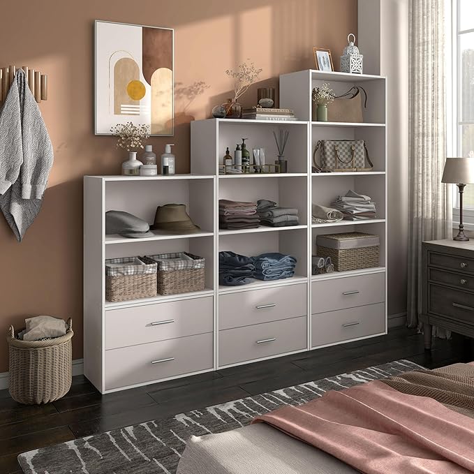 Homes: Inside + Out Apexa 3-Tier Cube Storage Organizer Shelves, Stackable Wood Bookcase Fits Cubby Bins for Organization, Dorm Teen Room Decor & Home Office, Taupe Grey