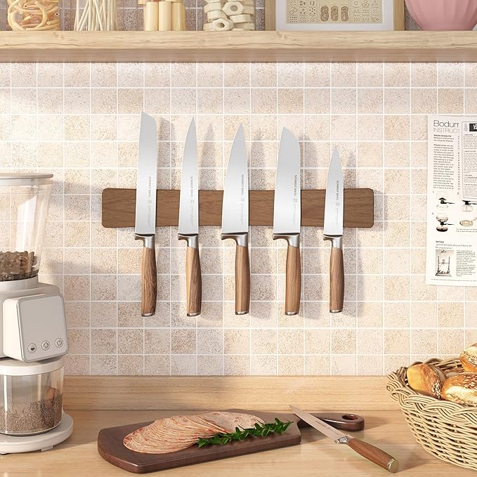 Magnetic Knife Holder for Wall, 16" Acacia Wood No Drill Knife Magnet Strip Use as Tool Key Storage Knife Bar, Powerful Wall Mounted Magnetic Knife Rack for Refrigerator & Kitchen Utensil Organizer