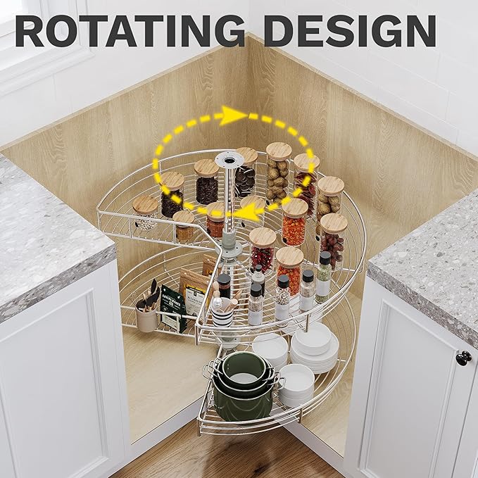 DWVO 31-Inch 2-Tier Lazy Susan Turnable for Cabinet, Rotating 2-Shelf Lazy Susan Corner Organizer with Adjustable Height for Kitchen Pantry, Chrome-Plated Double Spinning Corner Organizer, Silver