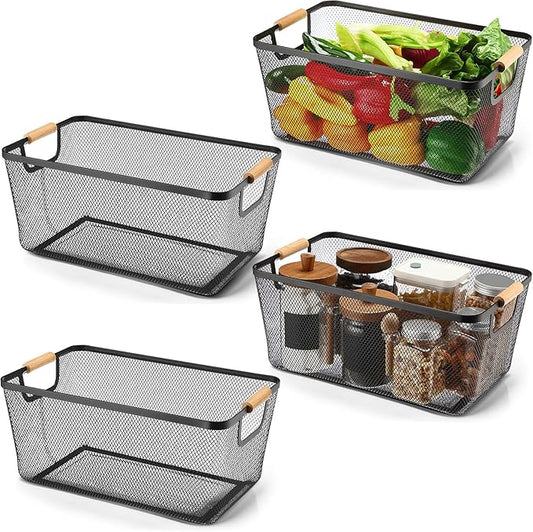 4 Pcs Metal Wire Basket with Wooden Handles Mesh Steel Storage Organizer Bin Containers for Home Cabinet Pantry Closet Kitchen Fridge Fruit Makeup Snacks Gifts (Extra Large,Black)