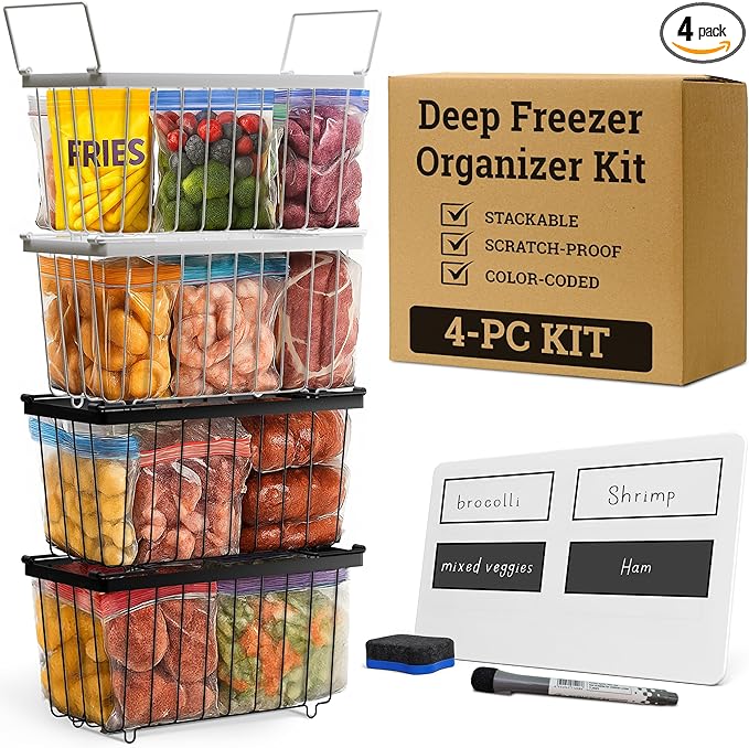 Deep Chest Freezer Organizer Bins – 4-Pack Stackable Chest Freezer Baskets with Dividers, Metal Wire Storage for Frozen Meat, Food – Fits 5–7 Cu Ft Deep Freezer, Kitchen Organization Set, Black, White
