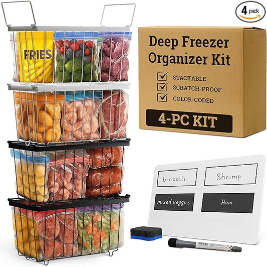 Deep Chest Freezer Organizer Bins – 4-Pack Stackable Chest Freezer Baskets with Dividers, Metal Wire Storage for Frozen Meat, Food – Fits 5–7 Cu Ft Deep Freezer, Kitchen Organization Set, Black, White