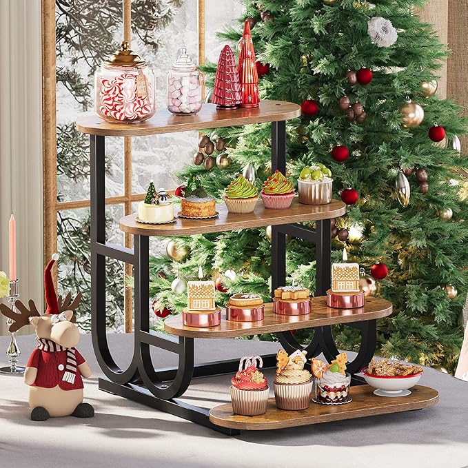 Rustic Stepped Cupcake Stand for 50 Cupcakes 4-Tier Wooden Display Stand with Metal Frame Dessert Table Riser Shelf for Part, Bakery Farmers Market or Home Decor (Rustic Brown)
