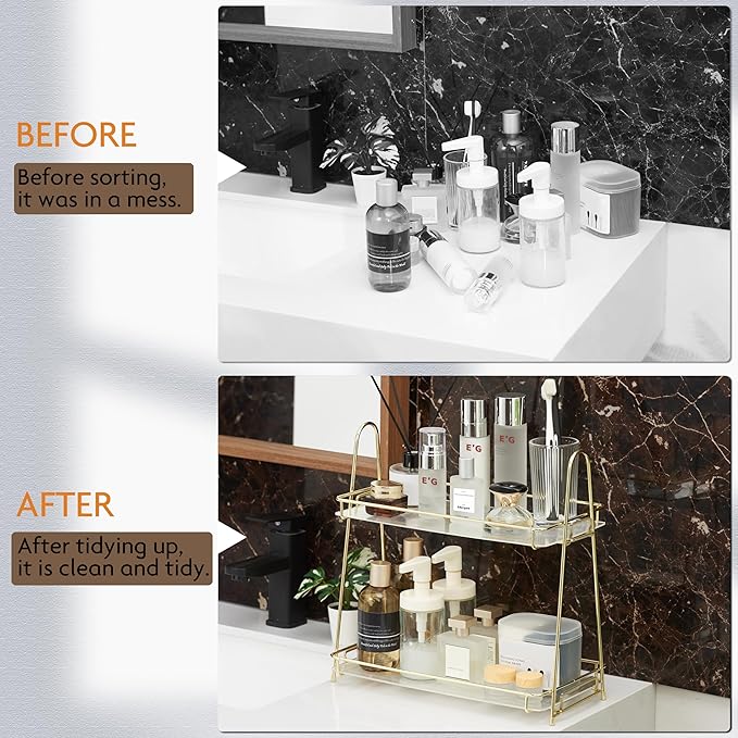 Bathroom Organizer Countertop, 2 Tier Bathroom Counter Organizer Tool-Free 10S Assembly, Acrylic Countertop Organizers Shelf for Vanity Dresser Skincare Kitchen Storage