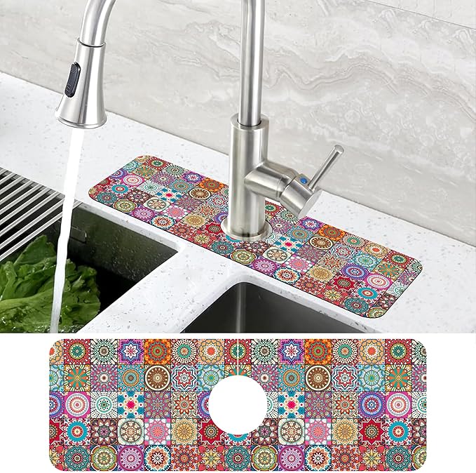 Vintage Boho Mandala Floral Kitchen Sink Splash Guard Mat Absorbent Fast Drying Mat Faucet Draining Mat Sink Splash Guard Behind Faucet Drip Catcher for Kitchen Bathroom 5.5"×15"