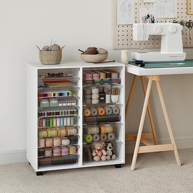WOPITUES Rolling Cart with Wooden Tabletop, Mobile Storage Cabinet with 15 Clear Drawers, Craft Cabinet with 5 Large Drawers, Printer Stand Home Office, White Dresser Chest