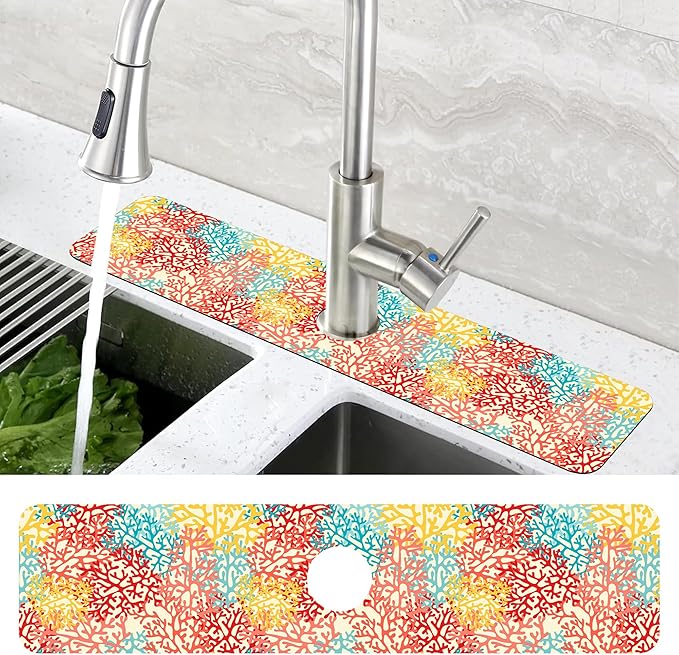 Colorful Sea Corals Dish Drying Mat for Kitchen Sink Splash Guard Behind Faucet Sink Mat Absorbent Fast Drying Faucet Draining Mat for Bathroom Kitchen 5.5"×24"