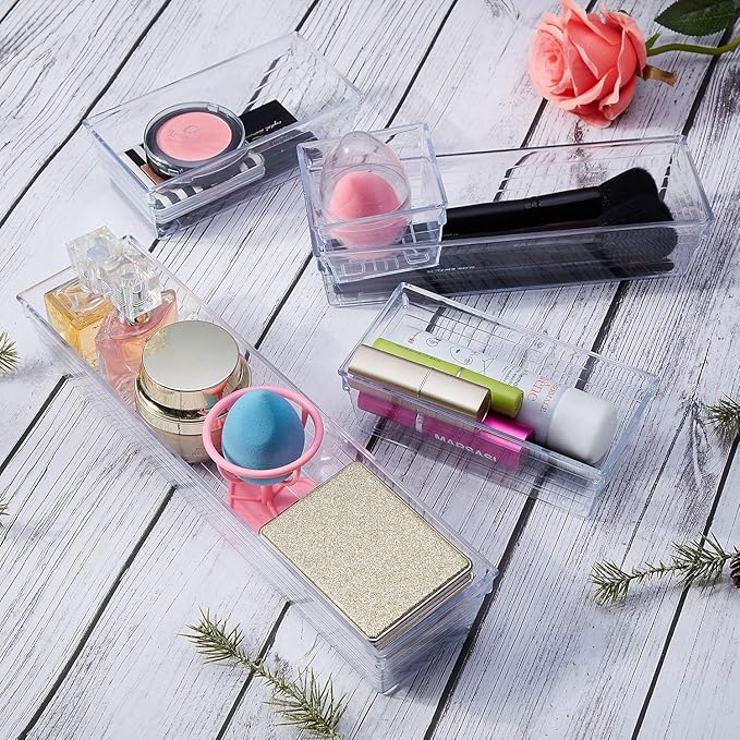 14 PCS Clear Plastic Drawer Organizer Tray for Makeup, Kitchen Utensils, Jewelries and Gadgets
