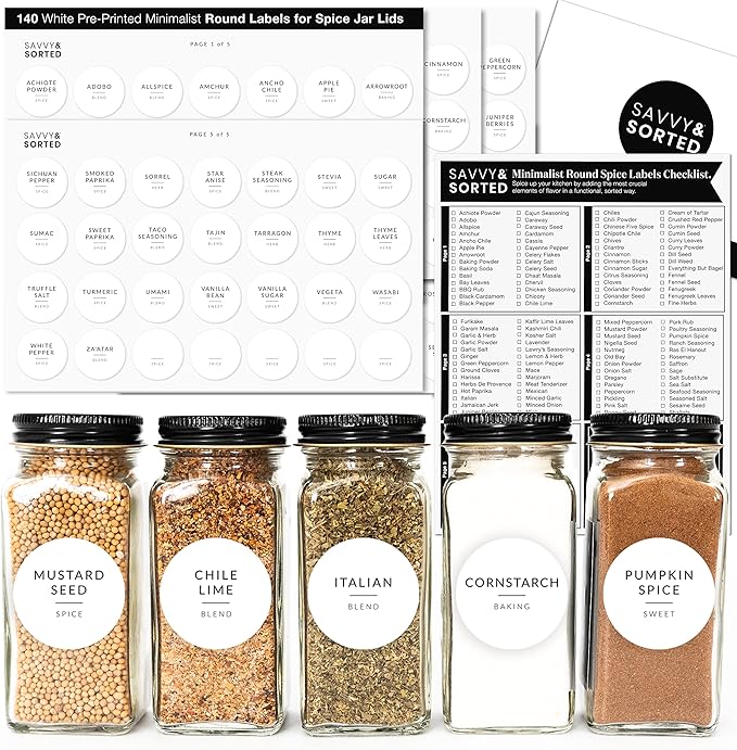 Minimalist Round Spice Labels for Lids - 140 Spice Jar Labels for Spice Containers - Waterproof Kitchen Label Stickers for Spice Jars - Spice Organization Herb Seasoning Pantry Labels