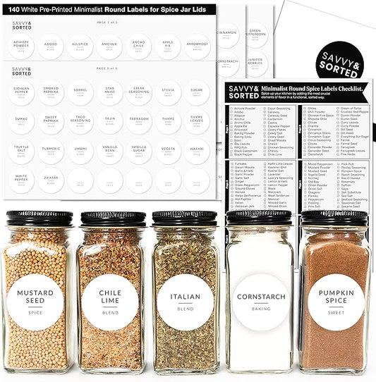 Minimalist Round Spice Labels for Lids - 140 Spice Jar Labels for Spice Containers - Waterproof Kitchen Label Stickers for Spice Jars - Spice Organization Herb Seasoning Pantry Labels