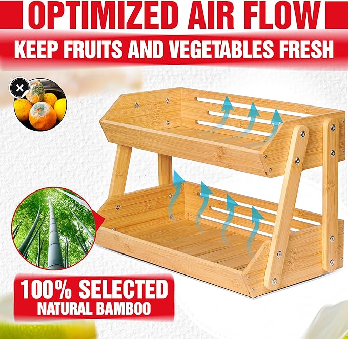 [Upgraded Length] 16.5-Inch Fruit Stand Storage Holder with 4 Sturdier Legs, 2-Tier Fruit Basket , Bamboo Fruit Bowl Holder for Fruit,Vegetables,Bread, Snacks, Home Kitchen Countertop Organizer