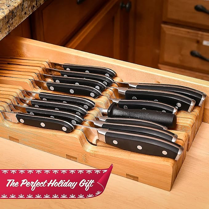 Homemaid Living In Drawer Knife Block Bamboo, Holds 14 Knives + Knife Sharpener Slot, Knife Organizer for Kitchen Drawer, Knife Drawer Organizer, Drawer Insert, Drawer Knife Holder (2" tall, 17" deep)