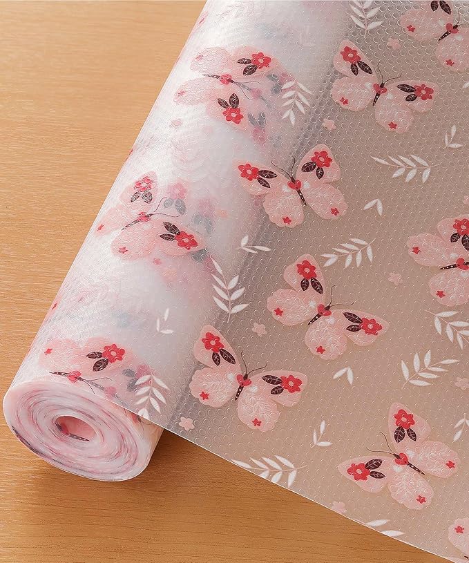 Reusable Non-Adhesive Drawer and Shelf Liner for Kitchen Cabinets - Waterproof Shelf Paper, Easy to Cut and Install - Suitable for Cabinets, Drawers, Shelves, and Desks(Pink Butterfly, 17.7"W x 197"L)