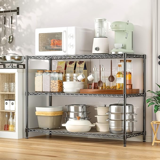 795LBS 3-Shelf Adjustable Storage Shelves 36" W x 14" D x 36" H Metal Shelving Unit Heavy Duty Wire Rack Small Organizer with 3 Shelf Liners for Kitchen Pantry Bathroom Closet Garage Black