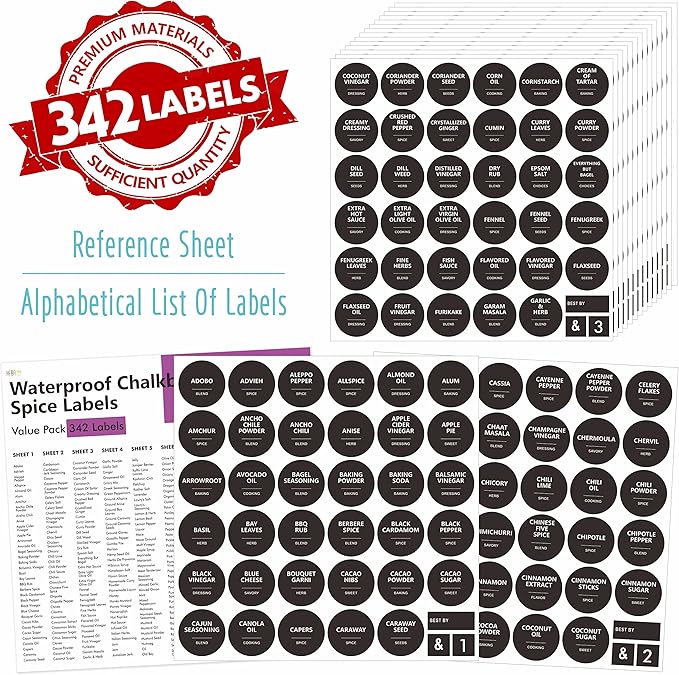 Hebayy 342 Removable Spice Labels,304 Pre-Printed Herb Seeds Seasoning Sauce Oil Vinegar Round Stickers,38 Blank Ones,Waterproof Oil & Tear Resistant,No Residue for Kitchen Pantry Containers Jars