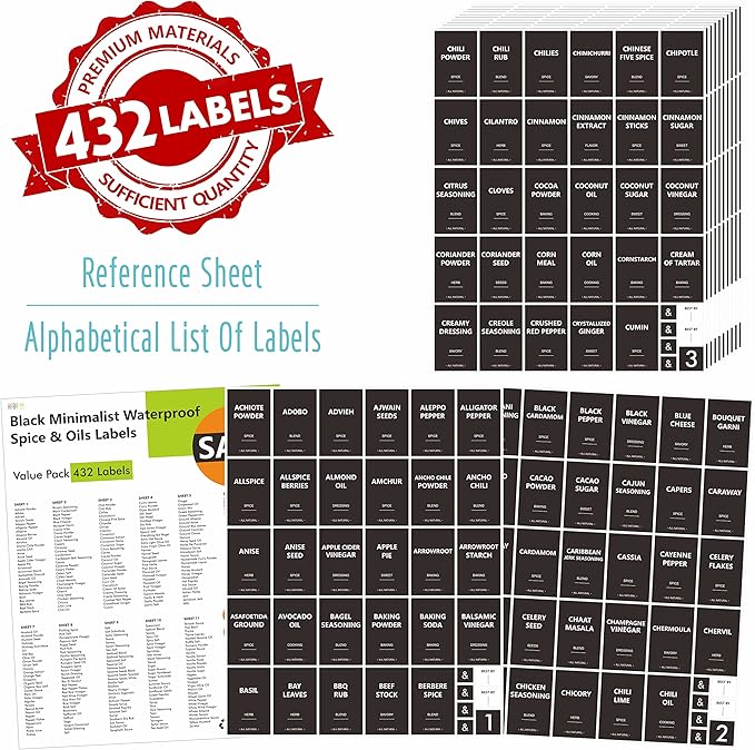 432 Removable Spice Labels, 396 Pre-Printed Herb Seed Seasoning Sauce Oil Vinegar Stickers, 36 Blank Ones, Waterproof Oil&Tear Resistant, No Residue for Kitchen Pantry Containers Jars(White on Black)