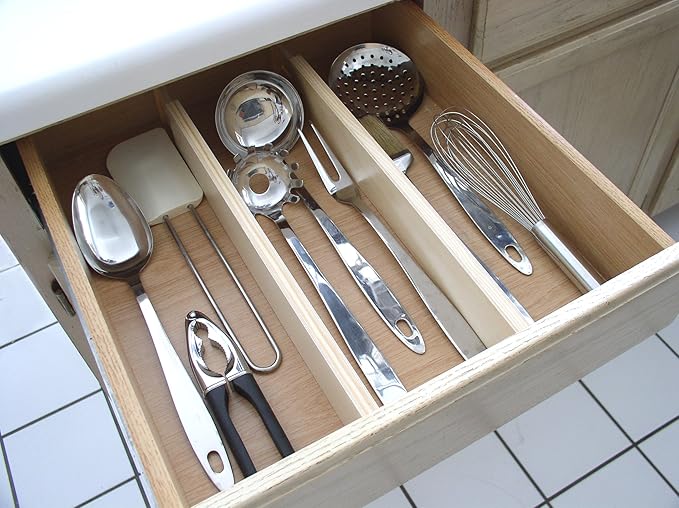 Expandable Hardwood Kitchen Drawer Divider Set of 2 by Dr. Organizer – Spring Locking, No Tools Needed – Fits Most Drawers 22” x 2.5” x 0.5” – Non-Skid Pads for Secure Hold
