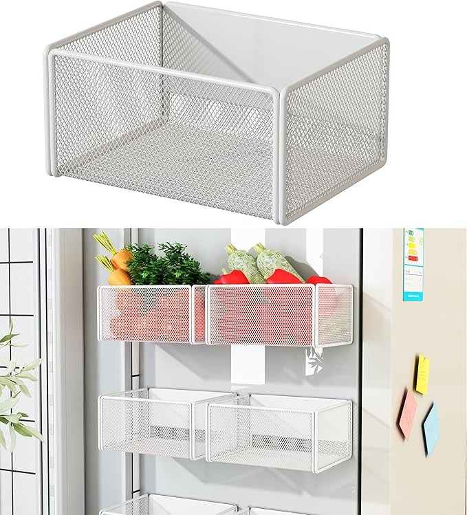 LIFEFAN Magnetic Basket Organizer Holder for Fridge Magnetic Storage Bin Box Containers for Refrigerator Whiteboard Classroom (Small, White)