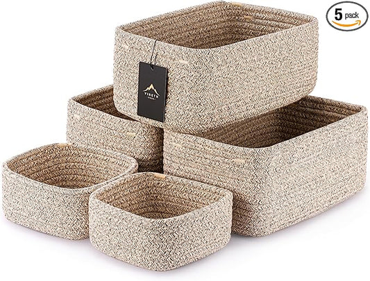 5-Pack Small Woven Rope Storage Baskets – 2 Sizes Organizer Bins for Closet, Shelf, Bookshelf, Nursery, Changing Table, Fabric Cube Boxes, Rectangular Shallow Bins for Bathroom, Toy & Home