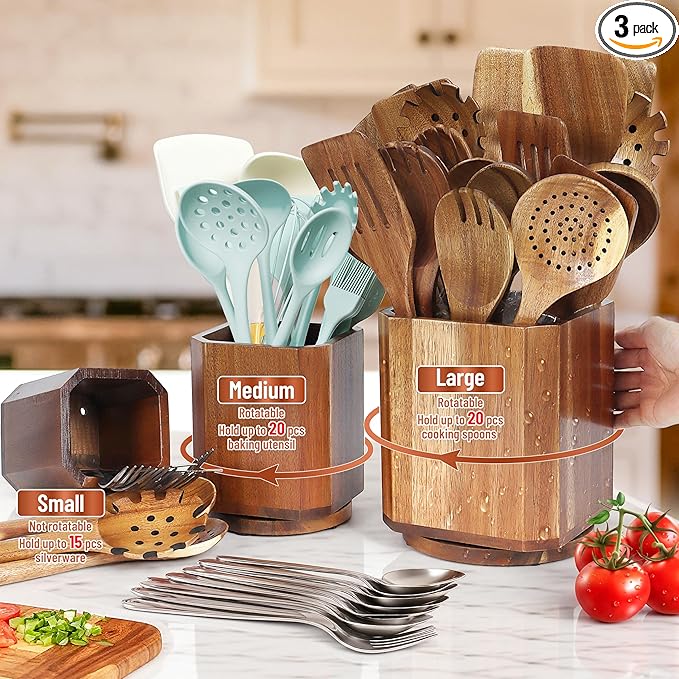Wooden Utensil Holder Set: 3PCS Extra Large Acacia Wood Organizer with 360° Rotating Base for Kitchen Countertop - Farmhouse Storage Crock for Multi-Generation Family & Cooking Enthusiasts