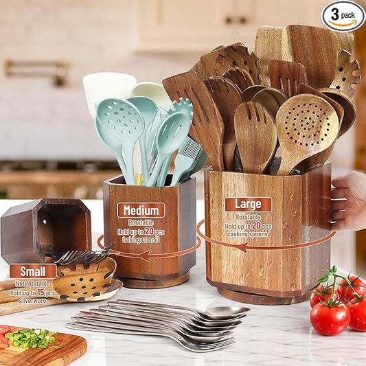 Wooden Utensil Holder Set: 3PCS Extra Large Acacia Wood Organizer with 360° Rotating Base for Kitchen Countertop - Farmhouse Storage Crock for Multi-Generation Family & Cooking Enthusiasts