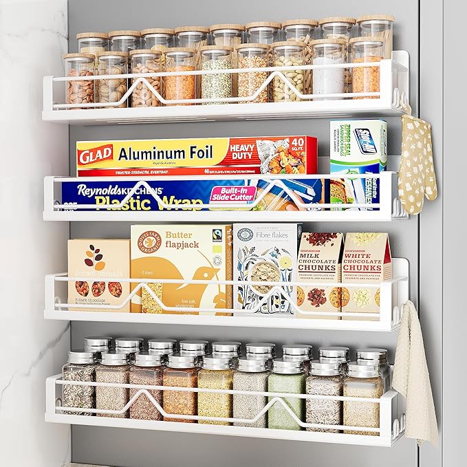 Mystozer 16.9 Inch Wide Large Capacity Magnetic Spice Rack for Refrigerator, 4 Pack Metal Fridge Shelf, White