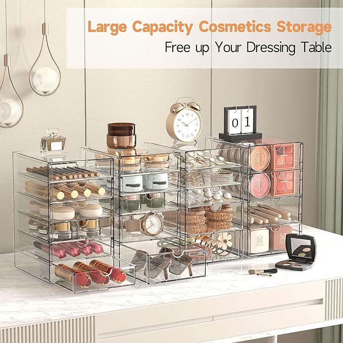 Makeup Drawer Storage Organizer with 20 Drawers, 4 Set Acrylic Office Desk Organization and Storage, Dustproof Drawer Organizer for Makeup, Office, Countertop, Jewelry, Pen, Desktop, Bathroom, Bedroom