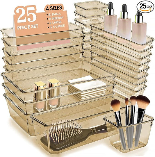 Kitchen Desk Drawer Organizers Storage for Office, Small Acrylic Vanity Trays Makeup Organizer for Drawer Bathroom Plastic Make up Organizers 25 Pcs Clear Champagne