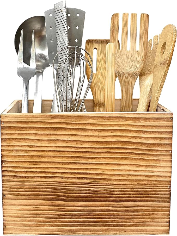 CB Accessories Wood Utensil Holder for Kitchen Counter - 2 Compartment Large Utensil Crock Organizer for Countertop - Tool Holder for Spatula - Farmhouse Decor