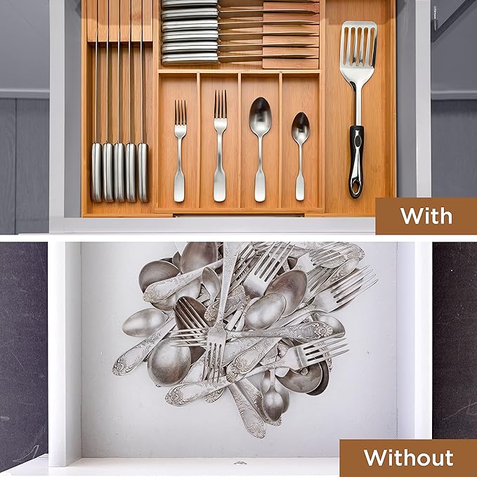 Expandable Drawer Organizer with Knife Block - Bambusi Bamboo Kitchen Utensil & Silverware Organizer, Adjustable Cutlery Tray Divider for Flatware, 7 Compartment Large Drawer Organizer
