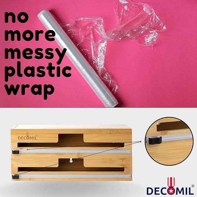 DECOMIL 2 in 1 Plastic Wrap Dispenser with Cutter, 13.5" Standard Design, Aluminum Foil Dispenser, Drawer and Wall Mount, Bamboo