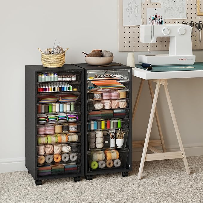 WOPITUES Storage Drawer Cart, Mobile Storage Cabinet, Makeup Storage with 8 Clear Drawers, Utility Wooden Rolling Cart on Wheels, for Cosmetic, Art Craft, Office Supplies, Toy, Black