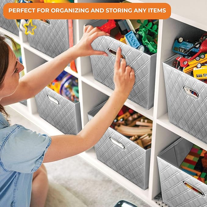 FH Group JIAessentials 11" Faux Leather Foldable Storage Cube Bins Set of 2 – Gray Diamond Patterned Organizers with Handles for Closet & Shelves